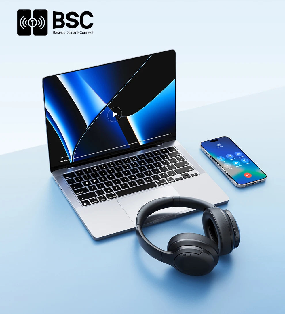 Baseus BH1 Lite Wireless Headphones Bluetooth 6.0 ENC Clear Call Headsets Super Bass Hit Earphones 80H Playtime Over Ear Headset