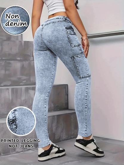 Fashion Printed Faux Denim Skinny Pants, High Waist Elastic Hip Lifting Tummy Control Outerwear Long Leggings