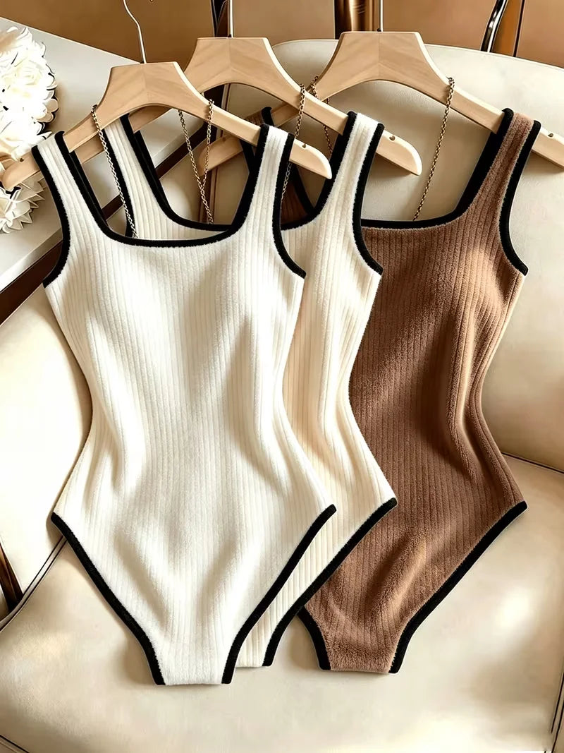 Dam 3-delat Ribbat Bodysuit-set – Fyrkantig Urringning Midjebetonande Backless Strand Nattliv Elegant, 4 Färger XS–XL