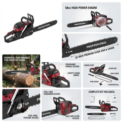 2-Stroke Gas Chainsaw 20 Inch Guide Bar 10000RPM  Dual Safety Switch Low Fuel  Anti-Vibration Handle For Logging Garden Tree Cutting