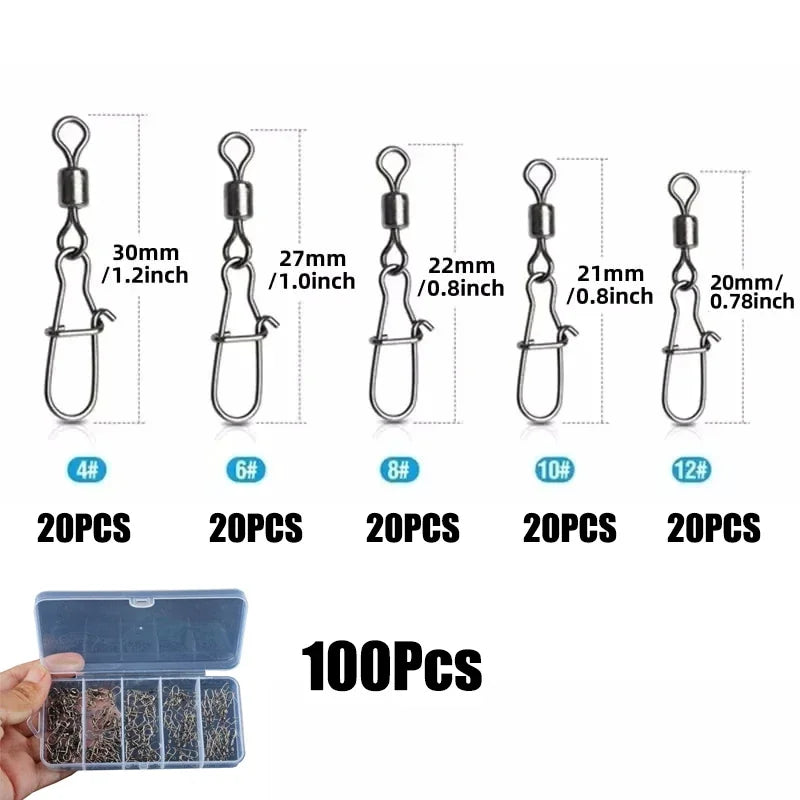 Stainless Steel Fishing Swivel Snaps 4#-12# Rolling Bearing Duo-Lock Connector Kit Saltwater Freshwater Lure Tackle 50-200Pcs