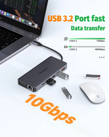 Getatek 13-i-1 USB-C-hubb med HDMI, VGA, RJ45 och kortläsare
