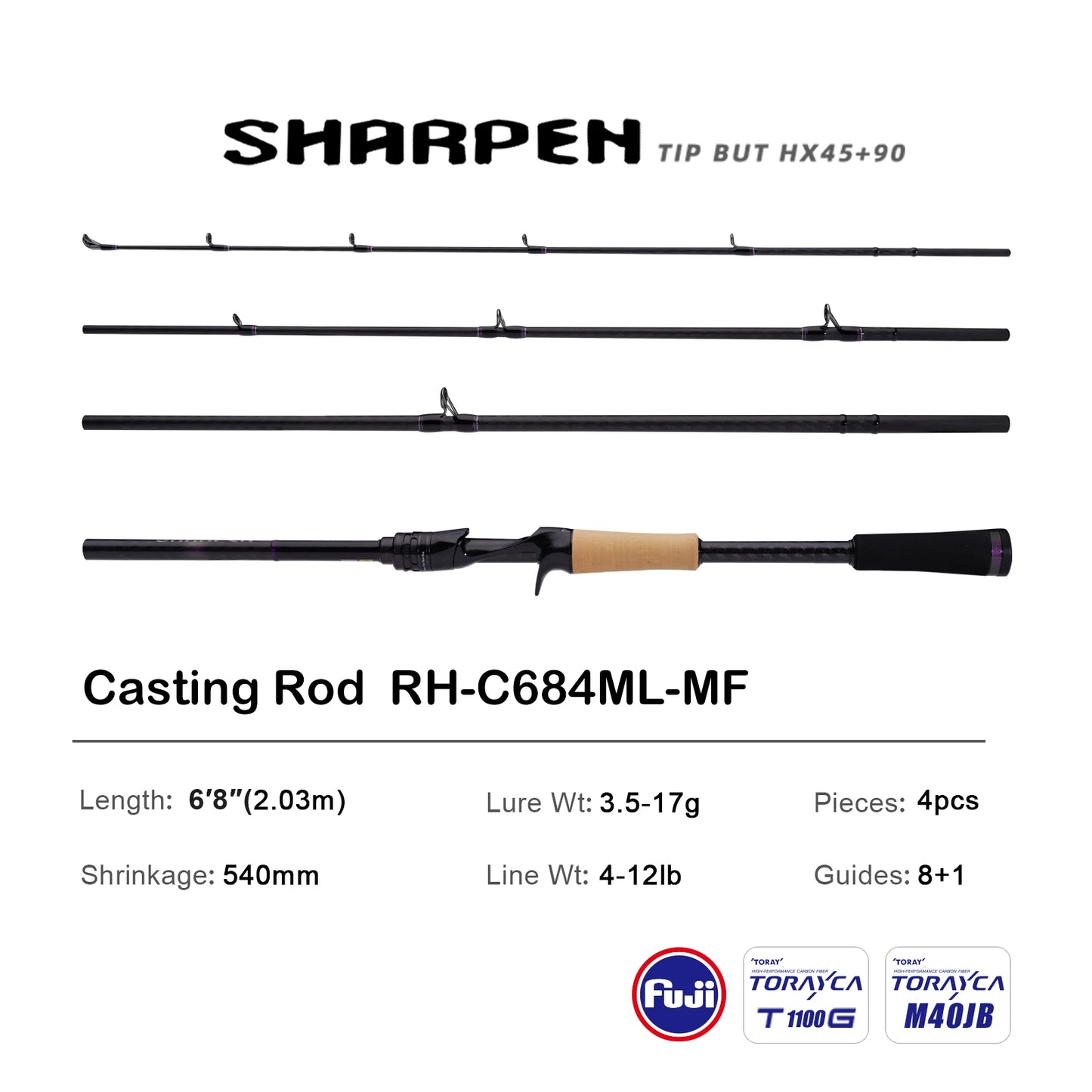 PURELURE SHARPEN Travel Soft Lure Long Spinning and Casting XF/MF Action Rods FUJI Components Bass Pike Rod Fishing Rod Reel