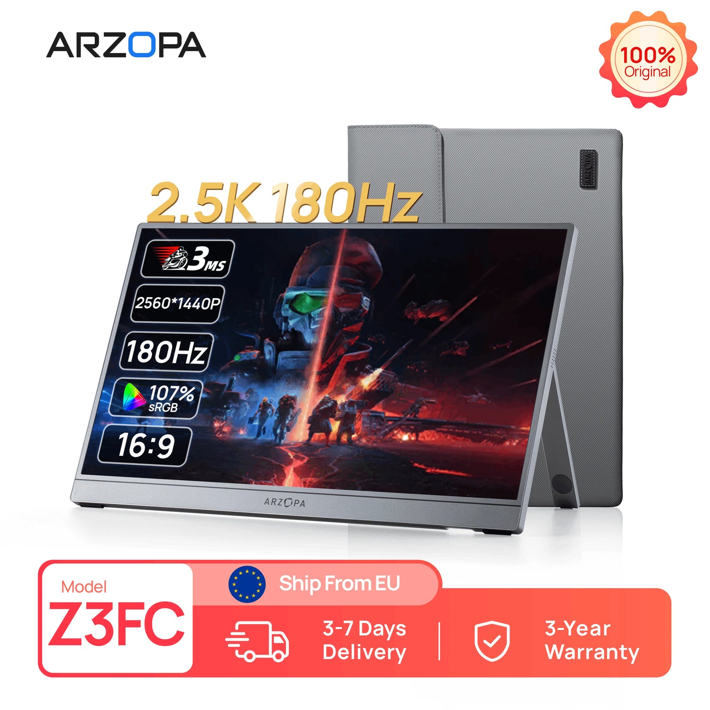 ARZOPA Z3FC Portabel Skärm 16,1" 180Hz 2,5K QHD – IPS 107% sRGB HDR10 Dubbla Högtalare Aluminium USB-C HDMI