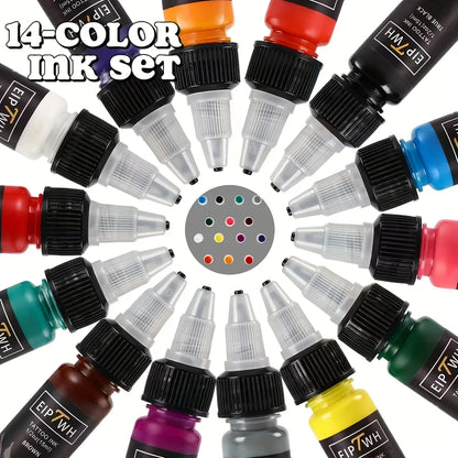 Professional Tattoo Ink - Multicolor Dynamic(14 Colors) & Vibrant Colors in 0.5oz (15ml) Bottles for Tattoo Artists