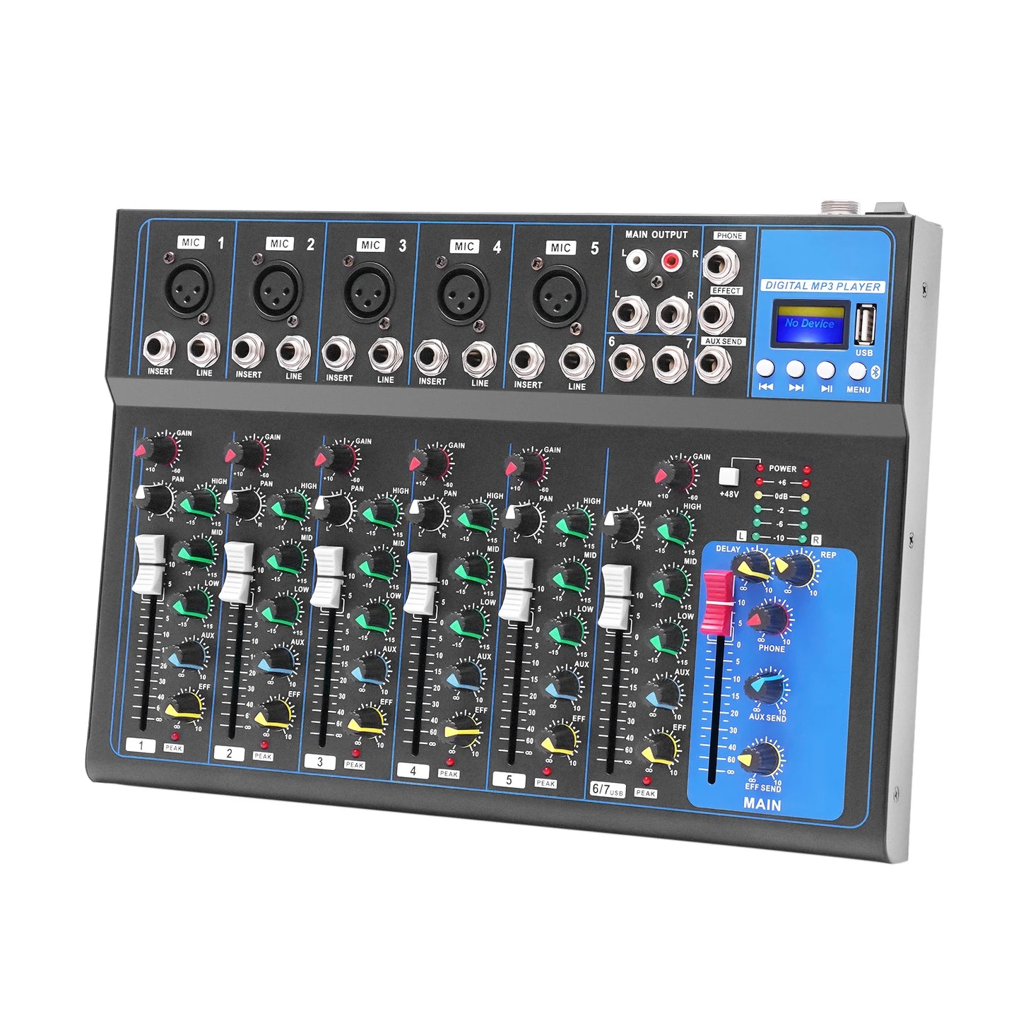 7/8-Channel Professioneller Mixer, Soundboard Konsole with Bluetooth USB PC Recording Input XLR Microphone Jack