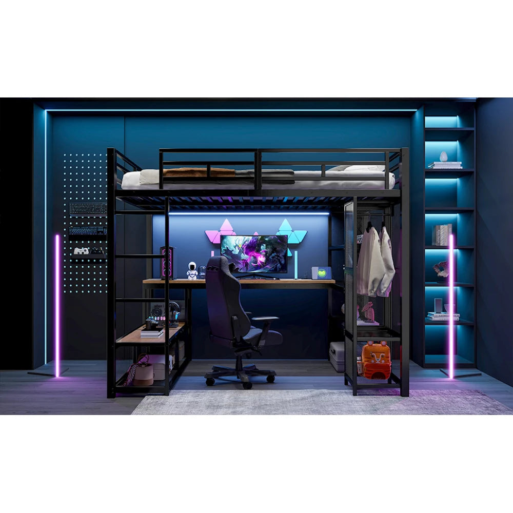 140x200cm Metal High Bed with Storage and Open Wardrobe, Kids Bedroom Bed with USB Connector and LED Lighting, Black/white