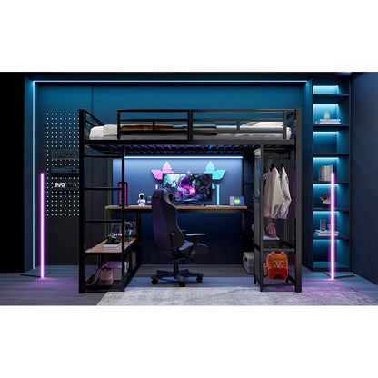 140x200cm Metal High Bed with Storage and Open Wardrobe, Kids Bedroom Bed with USB Connector and LED Lighting, Black/white