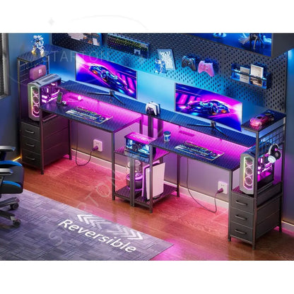 48 Inch Gaming Desk with LED Lights Power Outlets,Computer Desk with Fabric Drawers Side Hook,Reversible Gamer Table