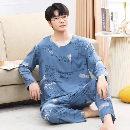 Herr Pyjamas Set Vår & Höst – Långärmad O-ringning & Rutiga Byxor Tunn, 5 Färger L–4XL