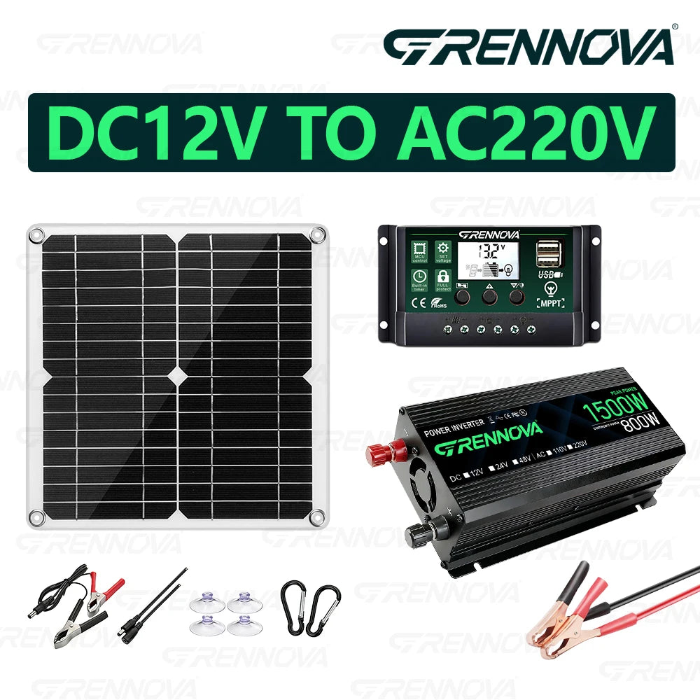 Grennova Solkraftsystem – Ren Sinusvåg 750W/1500W + 30W Solpanel + 60A MPPT 12V 110V/220V Bil Husbil Hem CE