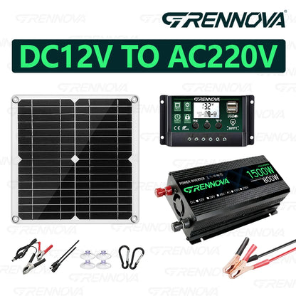 Grennova Solkraftsystem – Ren Sinusvåg 750W/1500W + 30W Solpanel + 60A MPPT 12V 110V/220V Bil Husbil Hem CE
