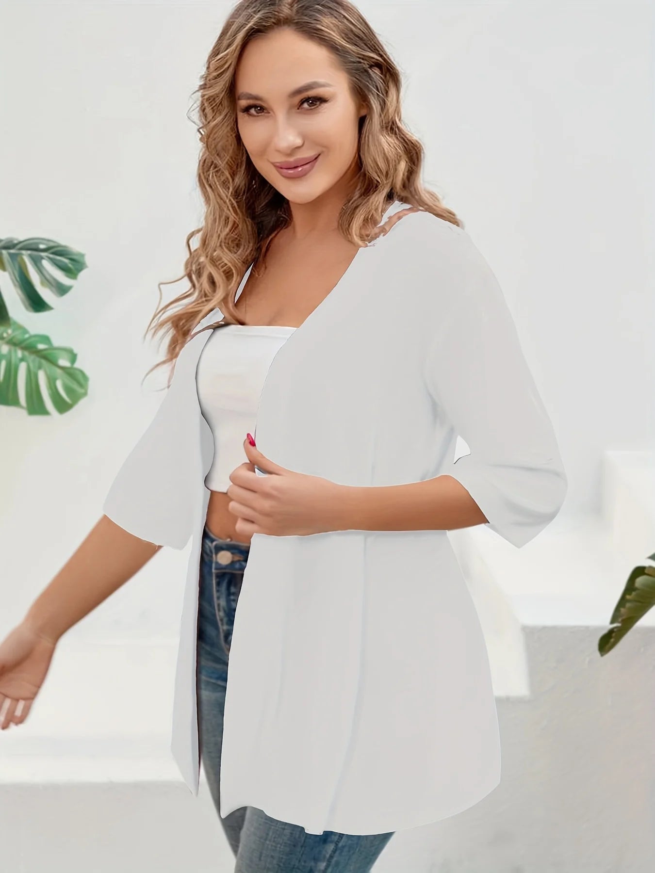 Dam Plus Size Elegant Kofta – Halvlång 3/4-ärm Hög Stretch Öppen Casual Höst/Vinter, 9 Färger XL–4XL