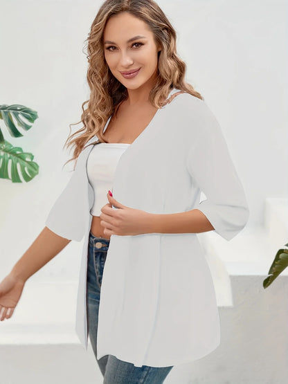 Dam Plus Size Elegant Kofta – Halvlång 3/4-ärm Hög Stretch Öppen Casual Höst/Vinter, 9 Färger XL–4XL