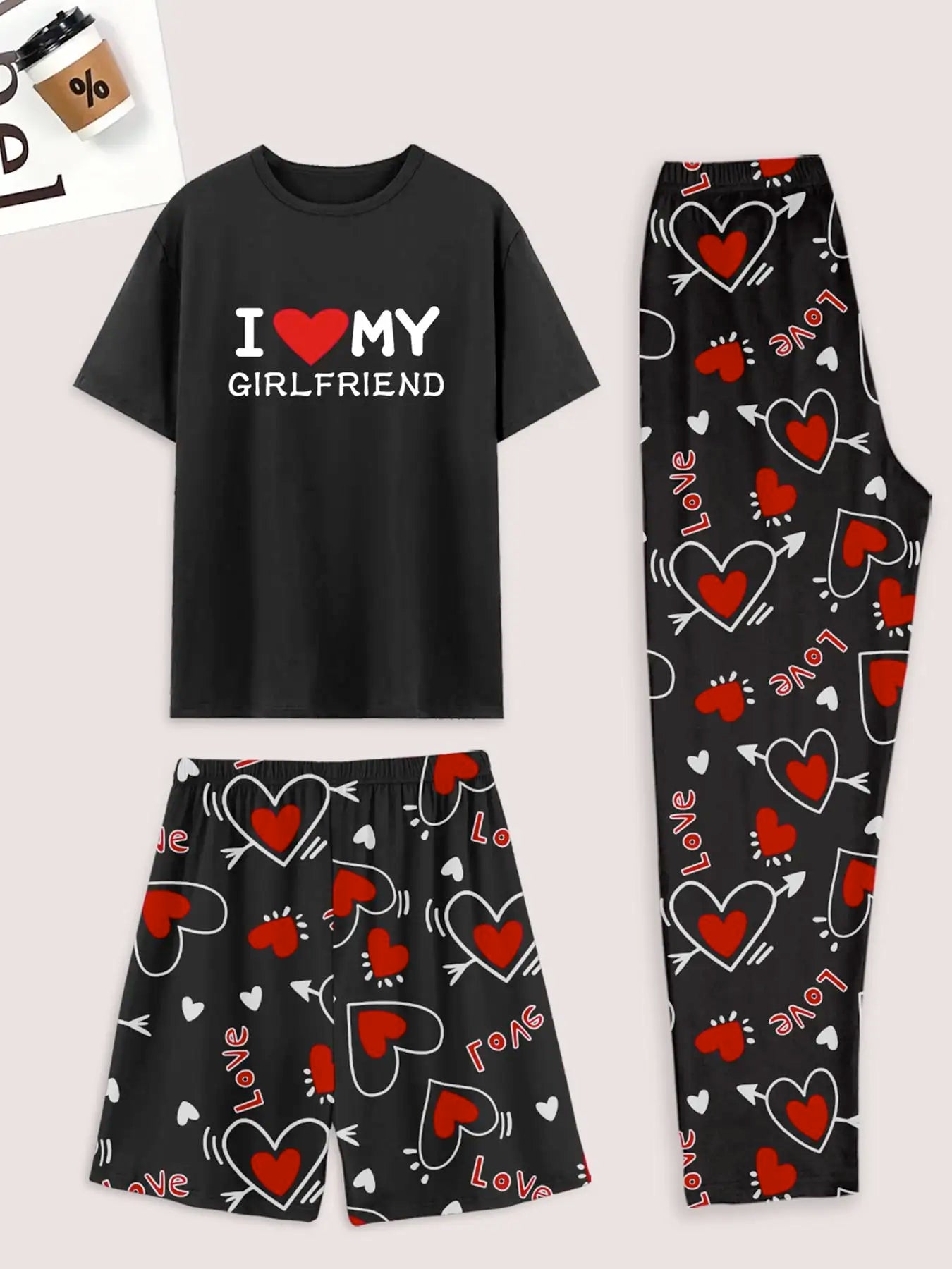 Men's pajama set of 3 pieces, heart-shaped printed shorts, pants and a top print of "I Like My Girlfriend"