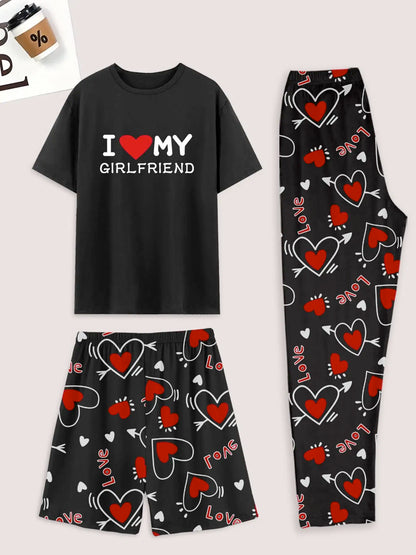 Men's pajama set of 3 pieces, heart-shaped printed shorts, pants and a top print of "I Like My Girlfriend"