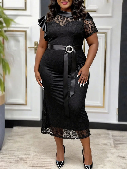 Slergiri Plus Size Black Lace Rhinestone Belt Mermaid Hem Dress Women Elegant Evening Party Gown Ladies Bodycon Long Dresses