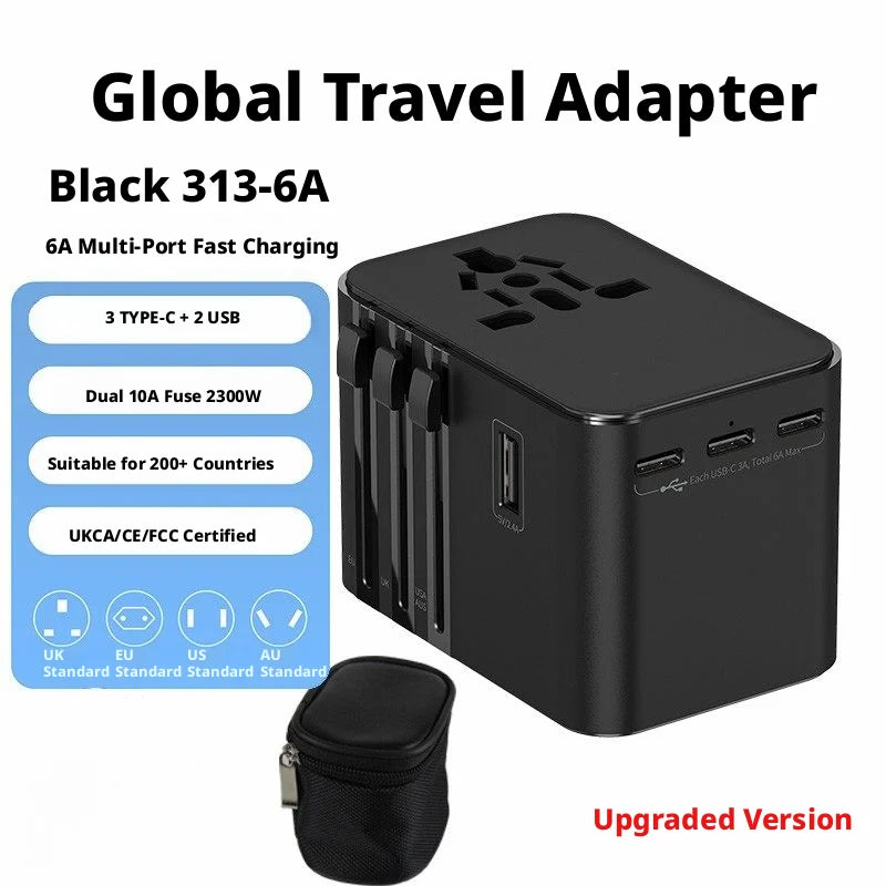 Global Power Converter for Travelers: Multi-Standard Plug (US/EU/UK/AU), 2000W Max, 4 USB Charging, Safety Door