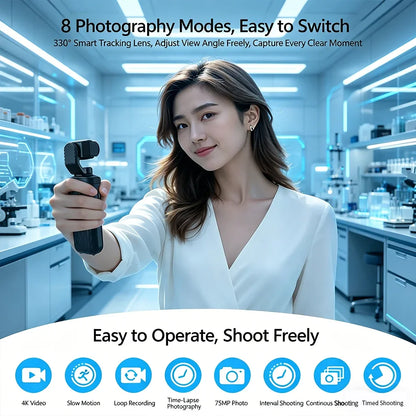 4K Action Camera with 330° Face Tracking Gimbal Stabilizer, 75MP WiFi Pocket Portable Camcorder, Mini Handheld Vlog Camera for