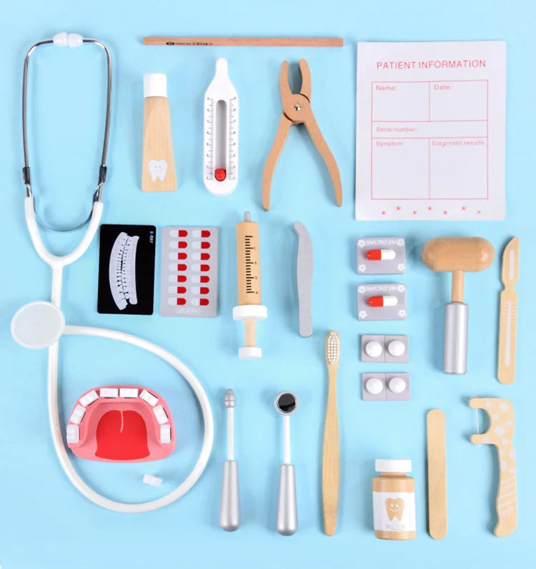 Lekläkare leksaker trä simulation tandläkare undersökning borsta tänder medicin set rollspel pedagogiska leksaker för barn