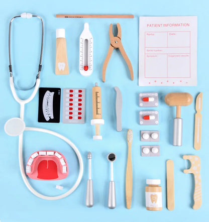 Lekläkare leksaker trä simulation tandläkare undersökning borsta tänder medicin set rollspel pedagogiska leksaker för barn