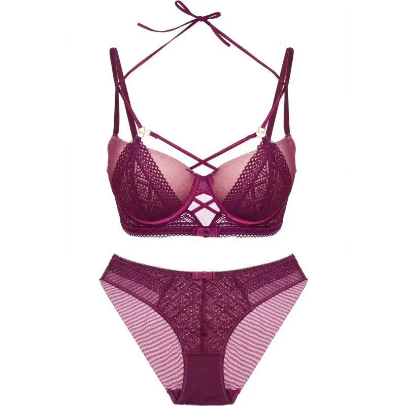 Women's Sexy Push up Lingerie Set French Lace Half Cup Bra with Garter Belt Summer Underwear Demi Bra Transparent