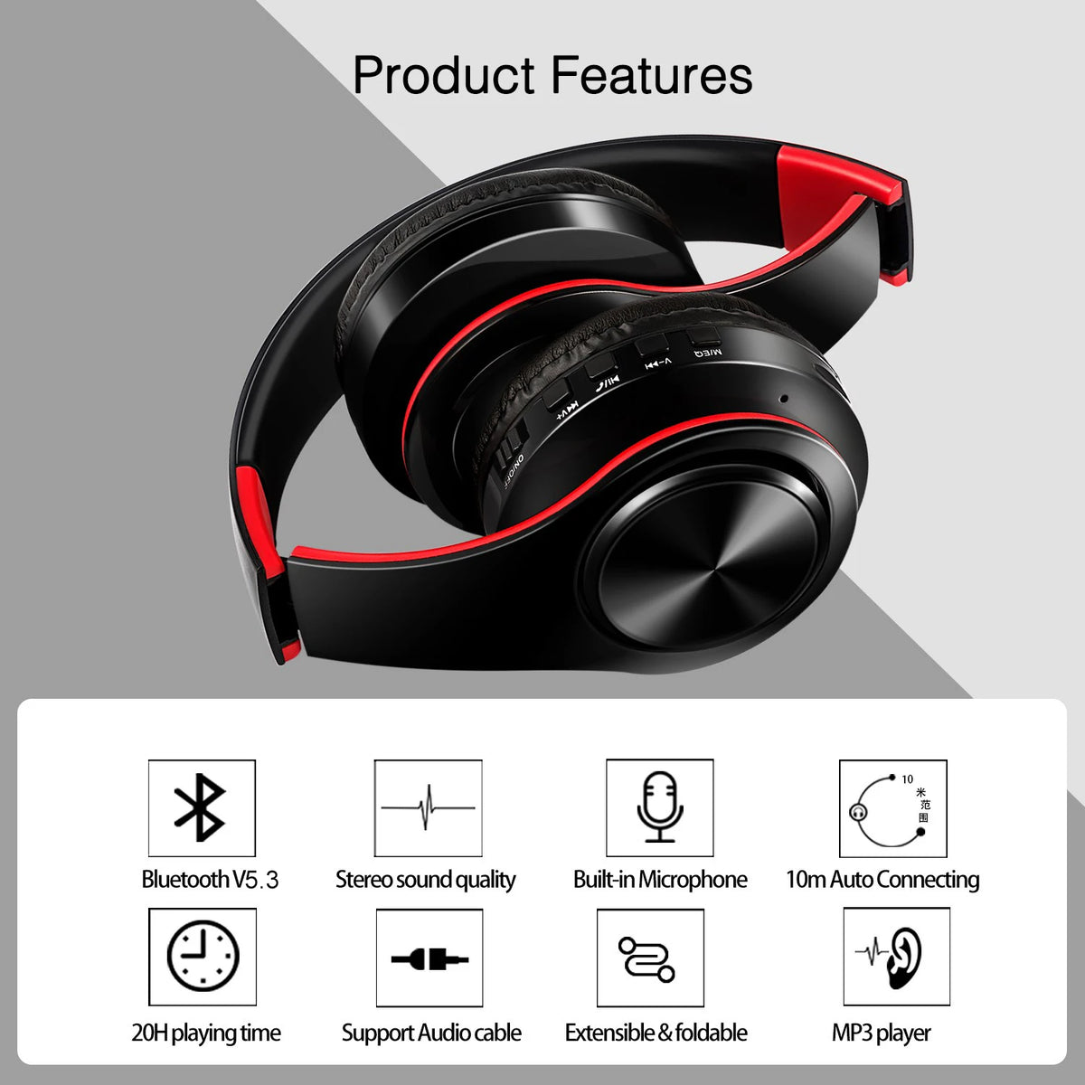 CATASSU Bluetooth 5.3 Headset Over-Ear – MP3 FM-radio 20h 400mAh Minnesskum Hopfällbar CE/FCC/RoHS Smartphone TV PC Surfplatta
