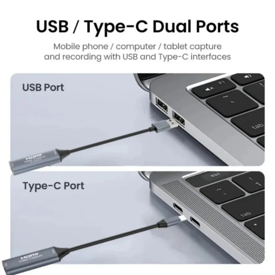HDMI Capture Card USB-C/USB 2.0/3.0 – 4K ingång, 1080p/60Hz utgång, Plug-and-play för PC, Android & Mac