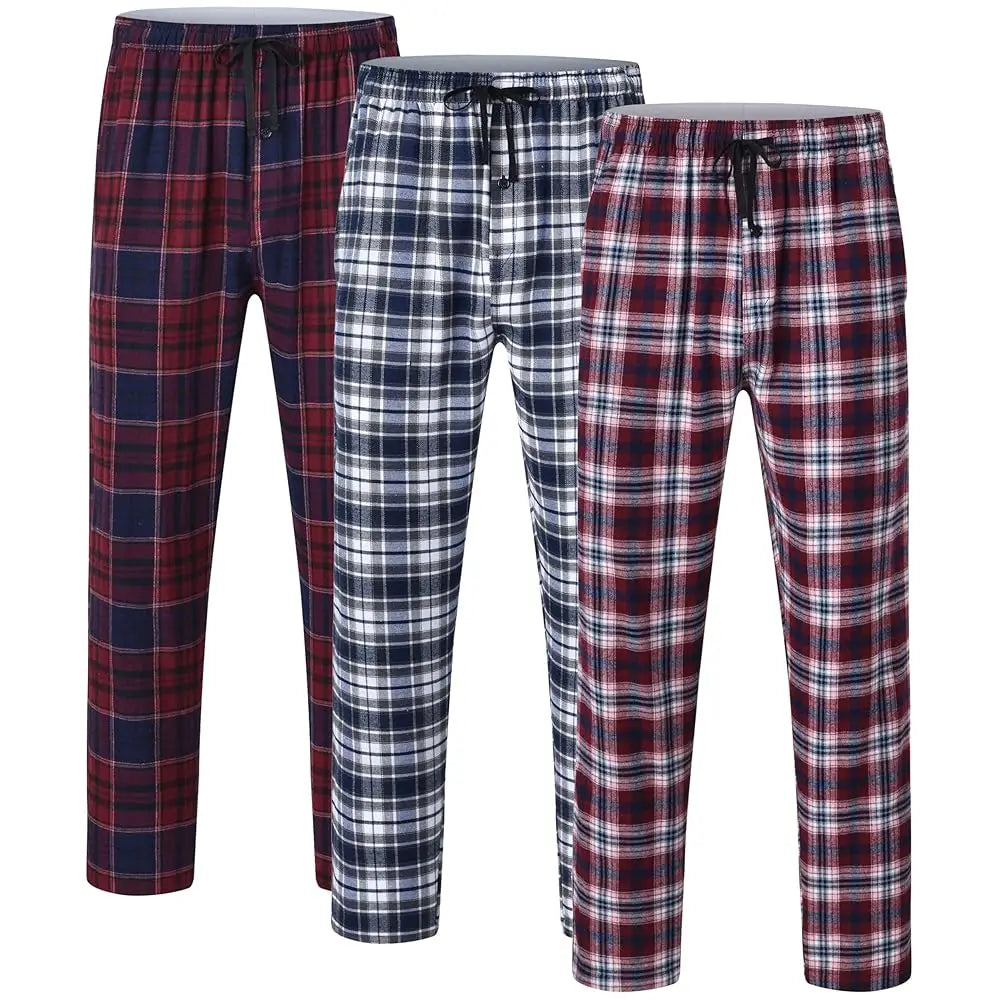 Men's 3Pcs Pajama Sleeping Pants Cotton Plaid Pjs, Long Plaid Print Sleepwear Pajama Pants with Elastic Waist Homewear