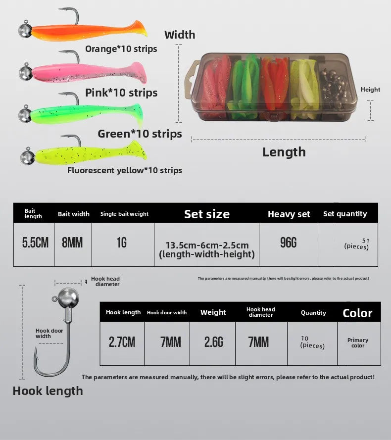 Soft Tail Bait Set Fake Bait 5.5/7/9/12cm Two-color Fishing Lure with Lead Head Hook for Angling