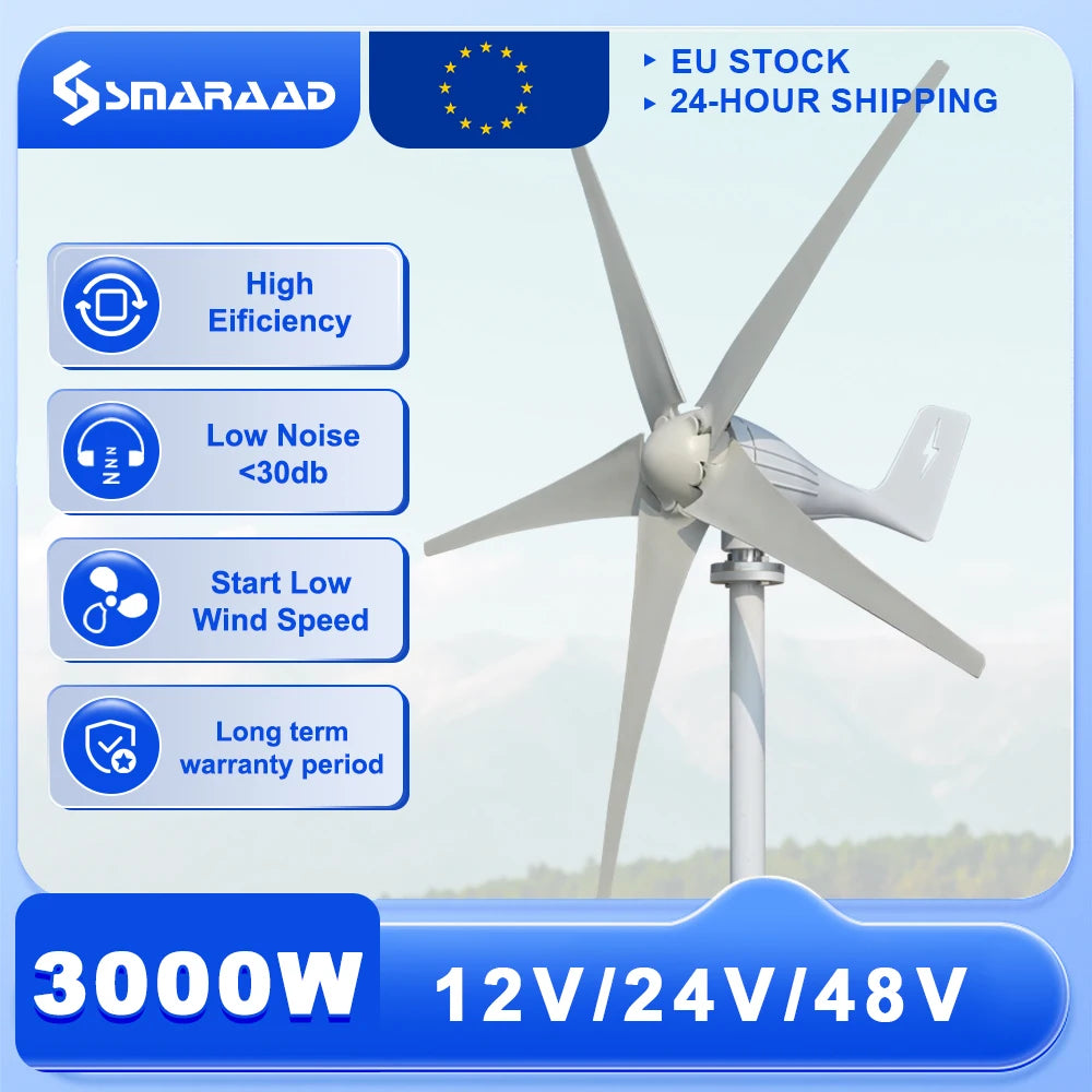 Horisontell Vindturbin 3000W 12V/24V/48V – Lågbullrig Permanent Magnet Off-Grid 220V, EU-lager Polen