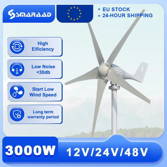 Horisontell Vindturbin 3000W 12V/24V/48V – Lågbullrig Permanent Magnet Off-Grid 220V, EU-lager Polen