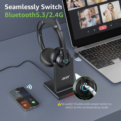 Acer HB02 Wireless Headset with Mic for Work 2.4G Bluetooth 5.3 Dual Mode Headphones USB Dongle for PC Headset for Call Center