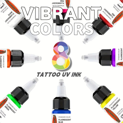 UV Fluorescent Tattoo Ink Set - 8 Colors Glow in The Dark, 20ml Safe & Non-Toxic for Body Art.
