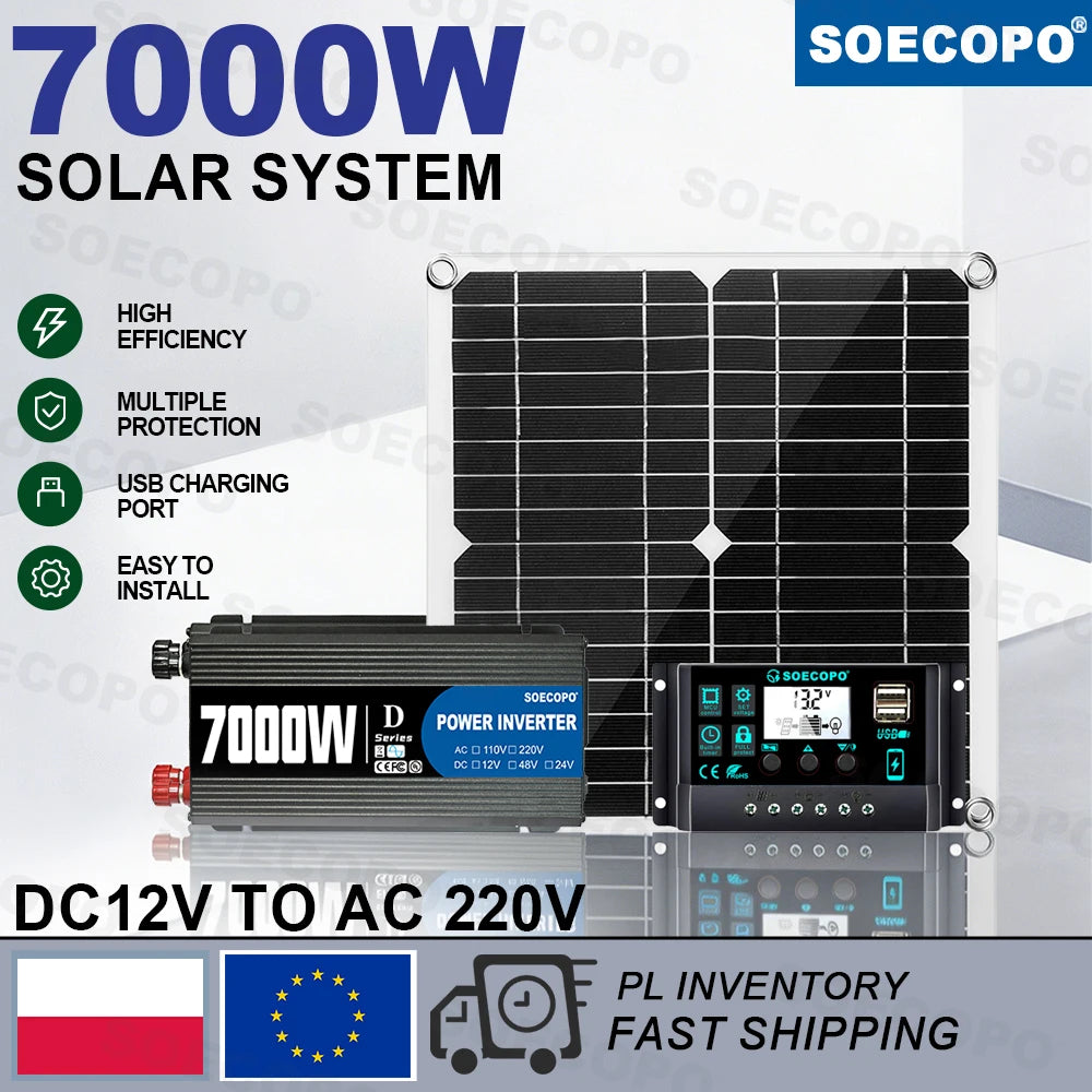 SOECOPO Komplett Off-Grid Solcellskit 7000W Peak – Flexibel Panel + 750W Inverter + LCD-regulator 12V till 220V, EU-lager Polen