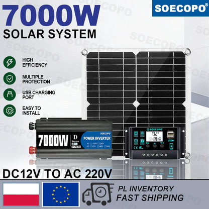 SOECOPO Komplett Off-Grid Solcellskit 7000W Peak – Flexibel Panel + 750W Inverter + LCD-regulator 12V till 220V, EU-lager Polen