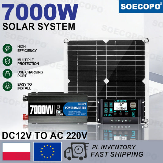 SOECOPO Komplett Off-Grid Solcellskit 7000W Peak – Flexibel Panel + 750W Inverter + LCD-regulator 12V till 220V, EU-lager Polen