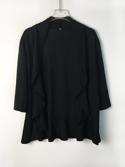 Dam Plus Size Kofta V-ringning – Lös Plissé Volangkant 3/4-ärm Casual Vår/Sommar/Höst, 3 Färger 1XL–5XL