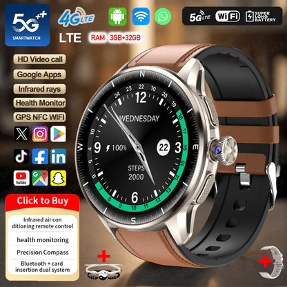 4G/3G Full Network Infrared Smart Watch 1.60 inch AMOLED Screen 800W Video Call  2100mAh Google Play WIFI GPS Compass Smartwatch