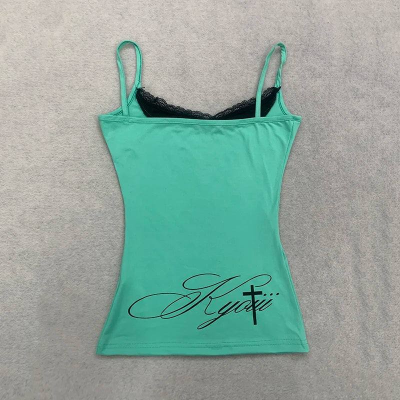 Dam Y2K Spets Camisole – Cinched Waist Ärmlös Sexig Sommar Festival, Grön S–L