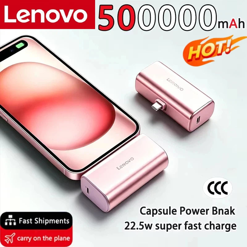 Lenovo 500000mAh Mini Power Bank 225W Fast Charging USB C Portable Charger for iPhone 16 15 Android Phones and Travel Use