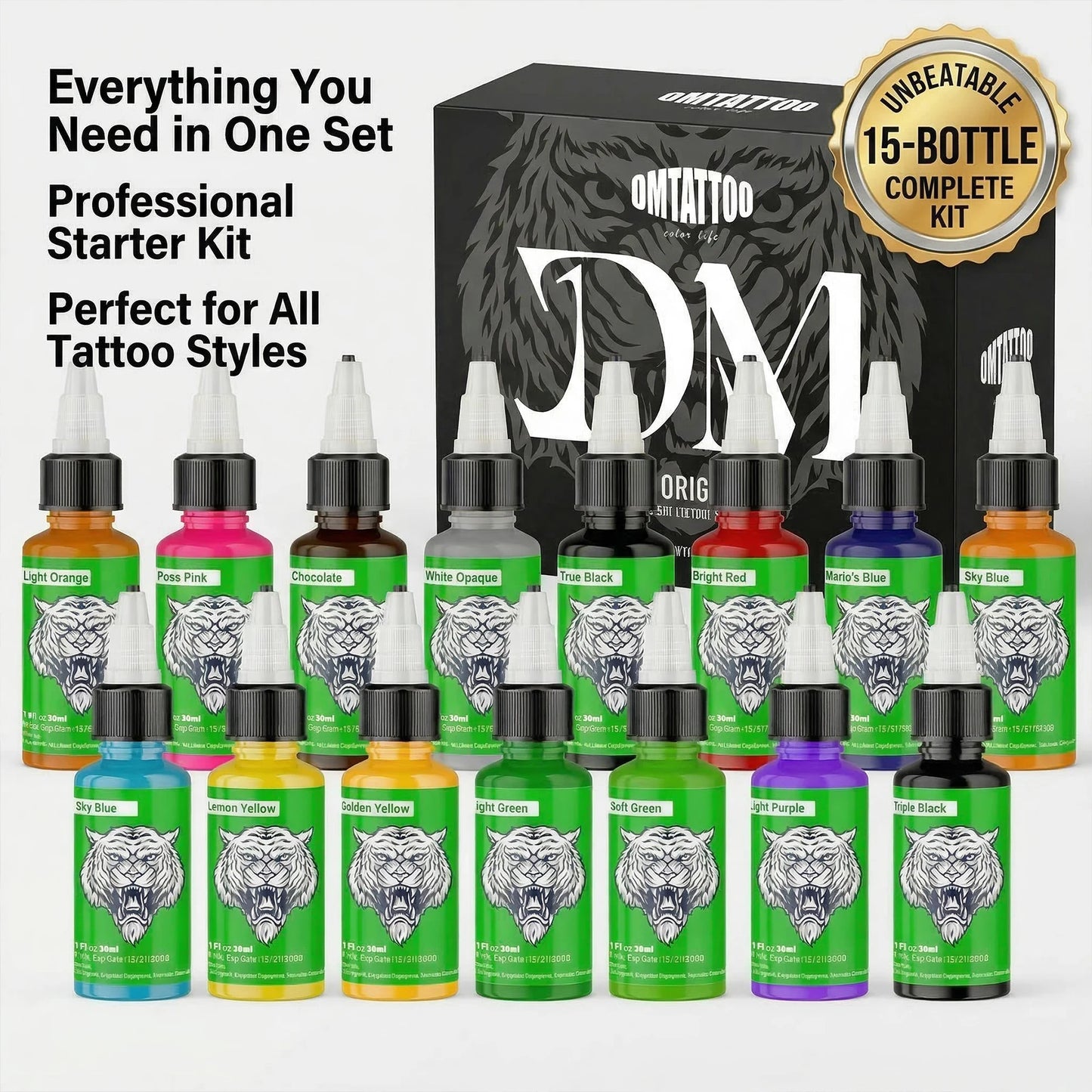 DM Tattoo Ink 15 Color 1OZ/Bottle Natural Plant Extract Pigment Body Painting Long Lasting No Color Loss Professional Tattoo Ink