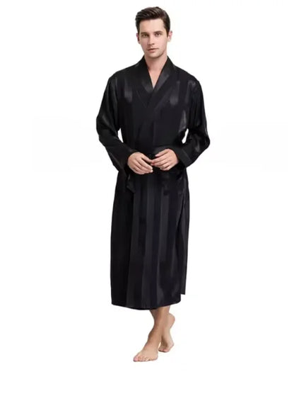 Plus Size 3XL 4XL 5XL Men Robe Sleepwear Navy Blue Stripe Kimono Bathrobe Gown with Pocket Summer Satin Home Clothes Lounge Wear