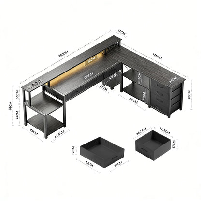 L Shaped Computer Desk with RGB LED Lights Reversible Gaming Desk Power Outlet Monitor Stand Drawers Storage