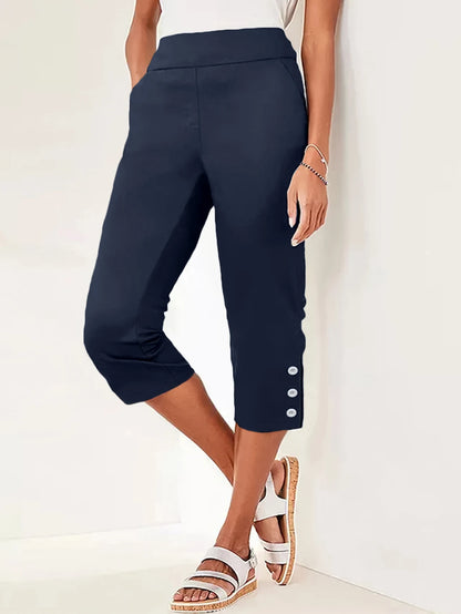 Women's High Waisted Capri Trousers Summer Stretch Cropped Pants with Pocket and Button Details Navy Blue Casual Comfort