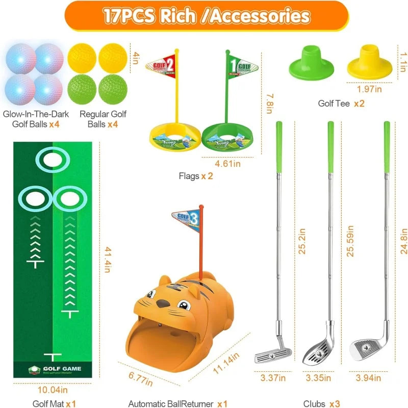 Upgraded Kids Golf Set With  Automatic Golf Returner 3 Clubs Putting Mat Mini Golf Games For Outdoor Sports Party Toy Gift