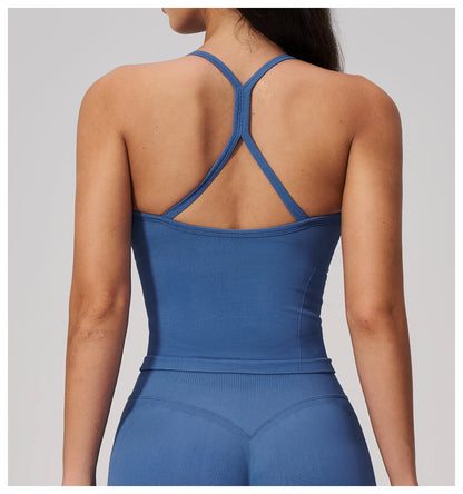 Summer New Yoga Vest Women Workout Crop Tops Cross Back Strap Fitness Bra Shockproof Sports Halter Workout Bra Push Up Yoga Vest