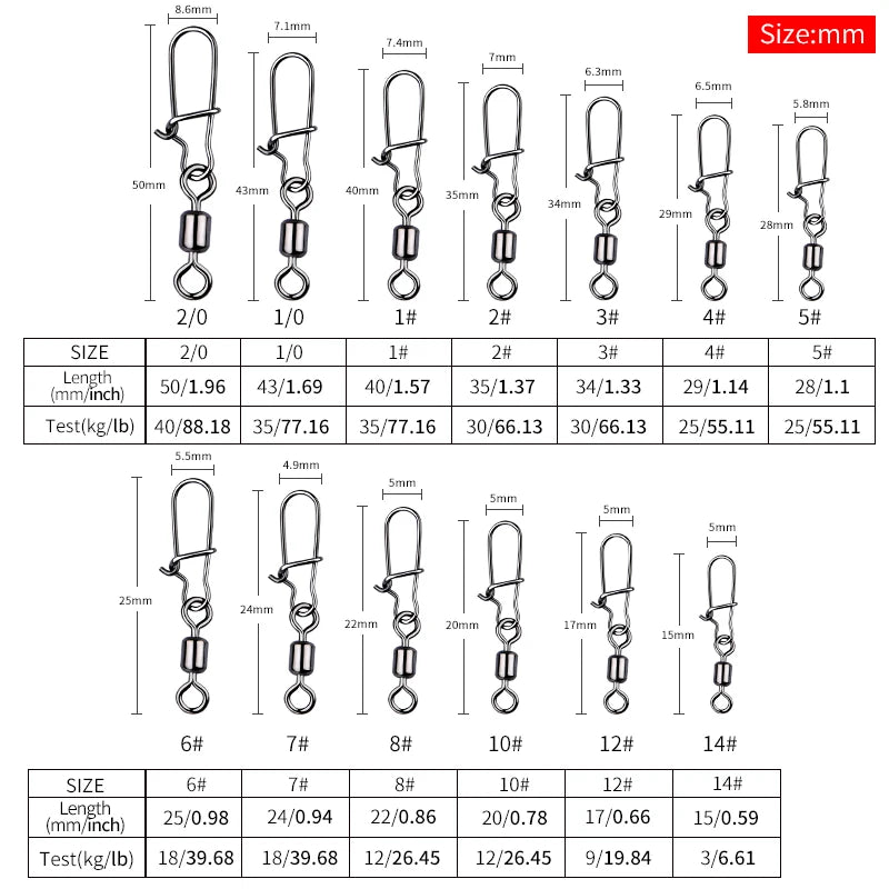 MEREDITH 50PCS Pike Fishing Accessories Connector Pin Bearing Rolling Swivel Stainless Steel Snap Fishhook Lure Swivels Tackle