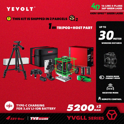YEVOLT YVGLL4XS16 Grön Lasernivå 4D – 4 Plan, 16 Linjer, 3Ah/5,2Ah Batteri, Självnivellerande