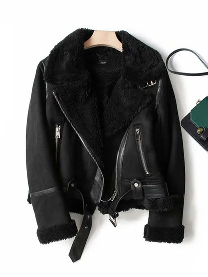 Varm Lammskinnsjacka Dam – Kort Motorcykelstil, Faux Shearling, Mocka, 2 Färger, XS–XL